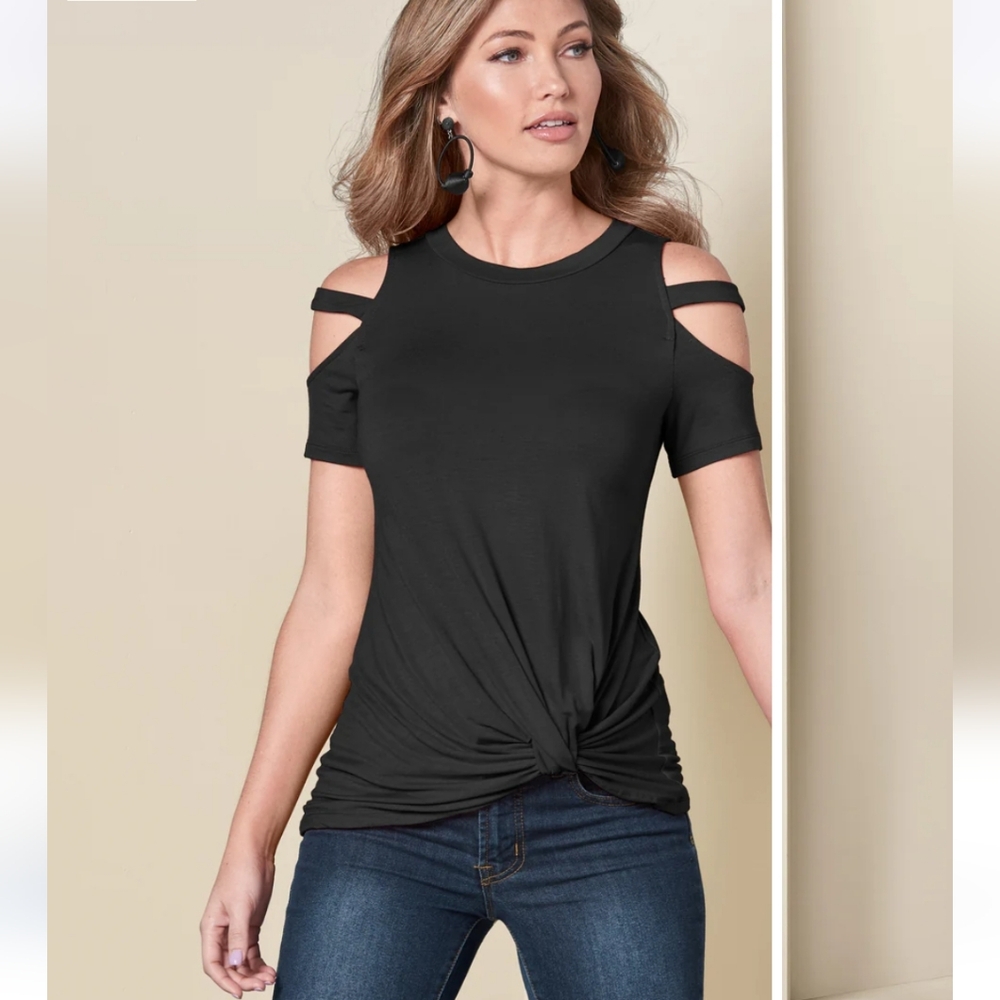 VENUS Twisted Knot Cold Shoulder  Top Black Size Small